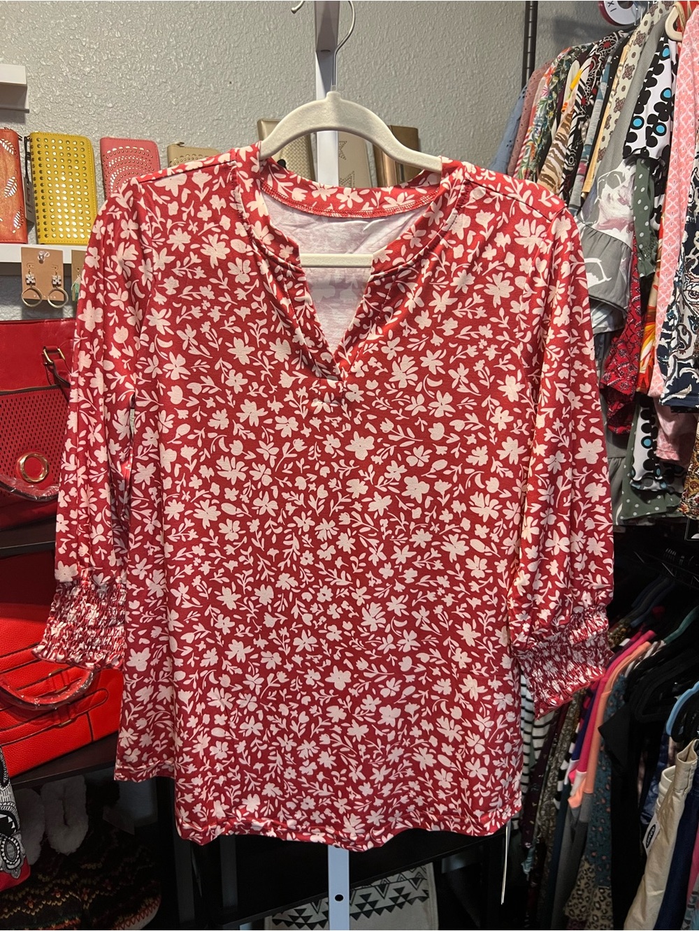 Red Floral V-Neck Blouse